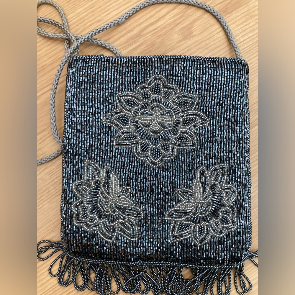 La Regale Silver Black Floral Beaded Crossbody Bag